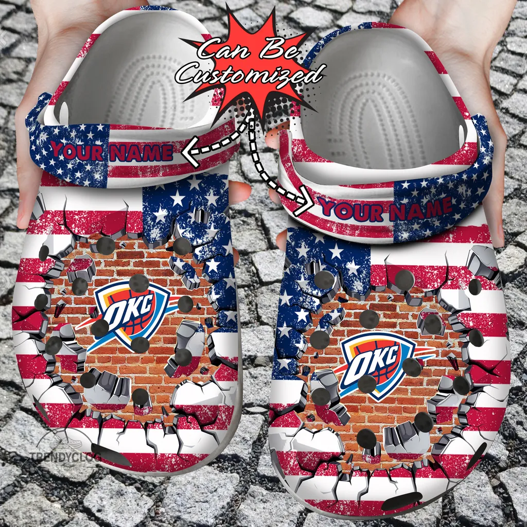 Basketball Crocs Personalized OThunder American Flag Breaking Wall Clog