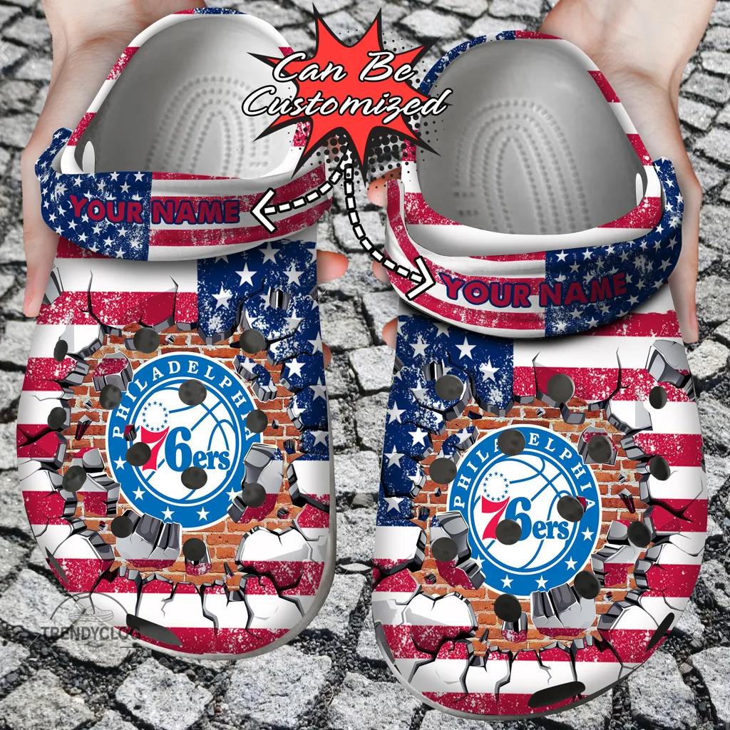 Basketball Crocs Personalized P76ers American Flag Breaking Wall Clog