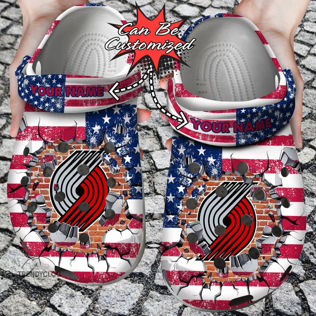 Basketball Crocs Personalized PTrail Blazers American Flag Breaking Wall Clog