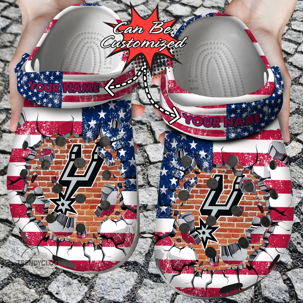 Basketball Crocs Personalized SA Spurs American Flag Breaking Wall Clog