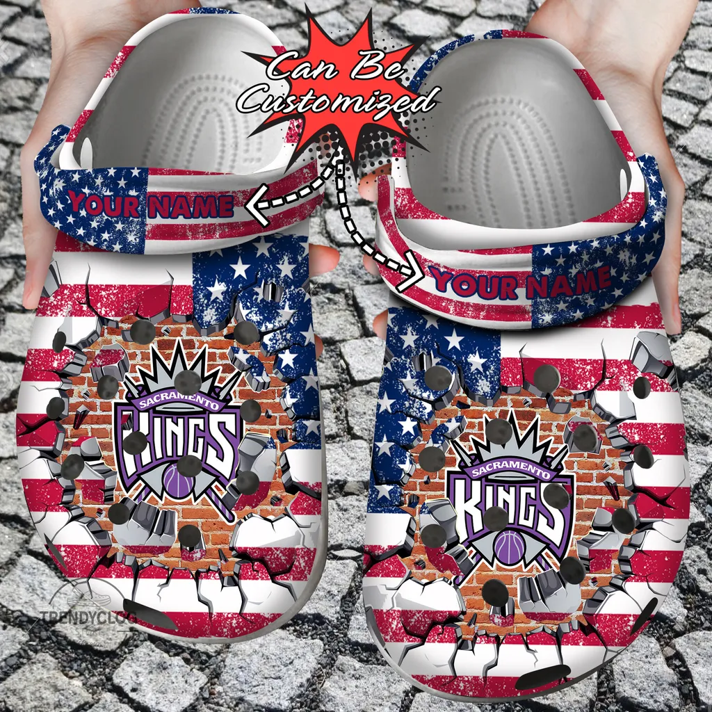 Basketball Crocs Personalized SKings American Flag Breaking Wall Clog