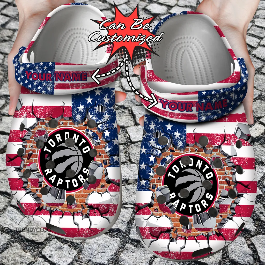 Basketball Crocs Personalized TRaptors American Flag Breaking Wall Clog