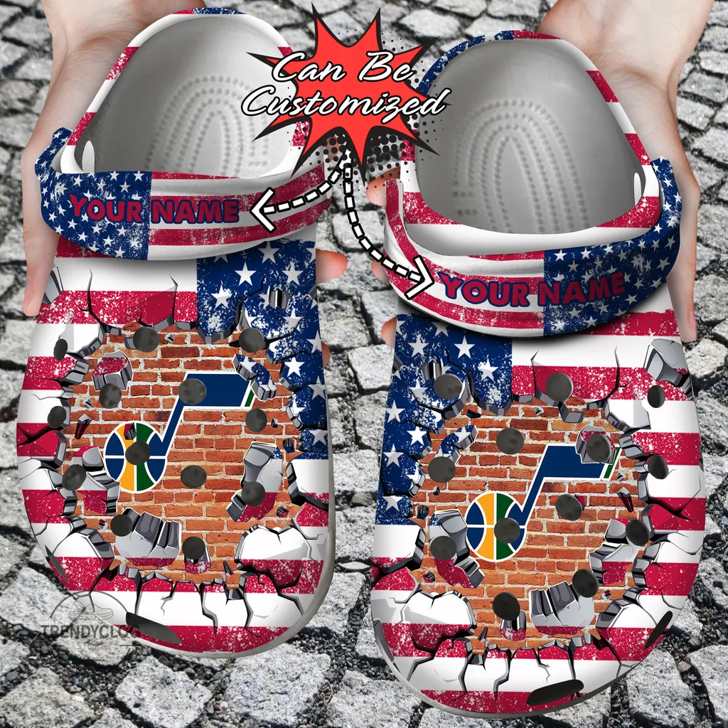 Basketball Crocs Personalized UJazz American Flag Breaking Wall Clog