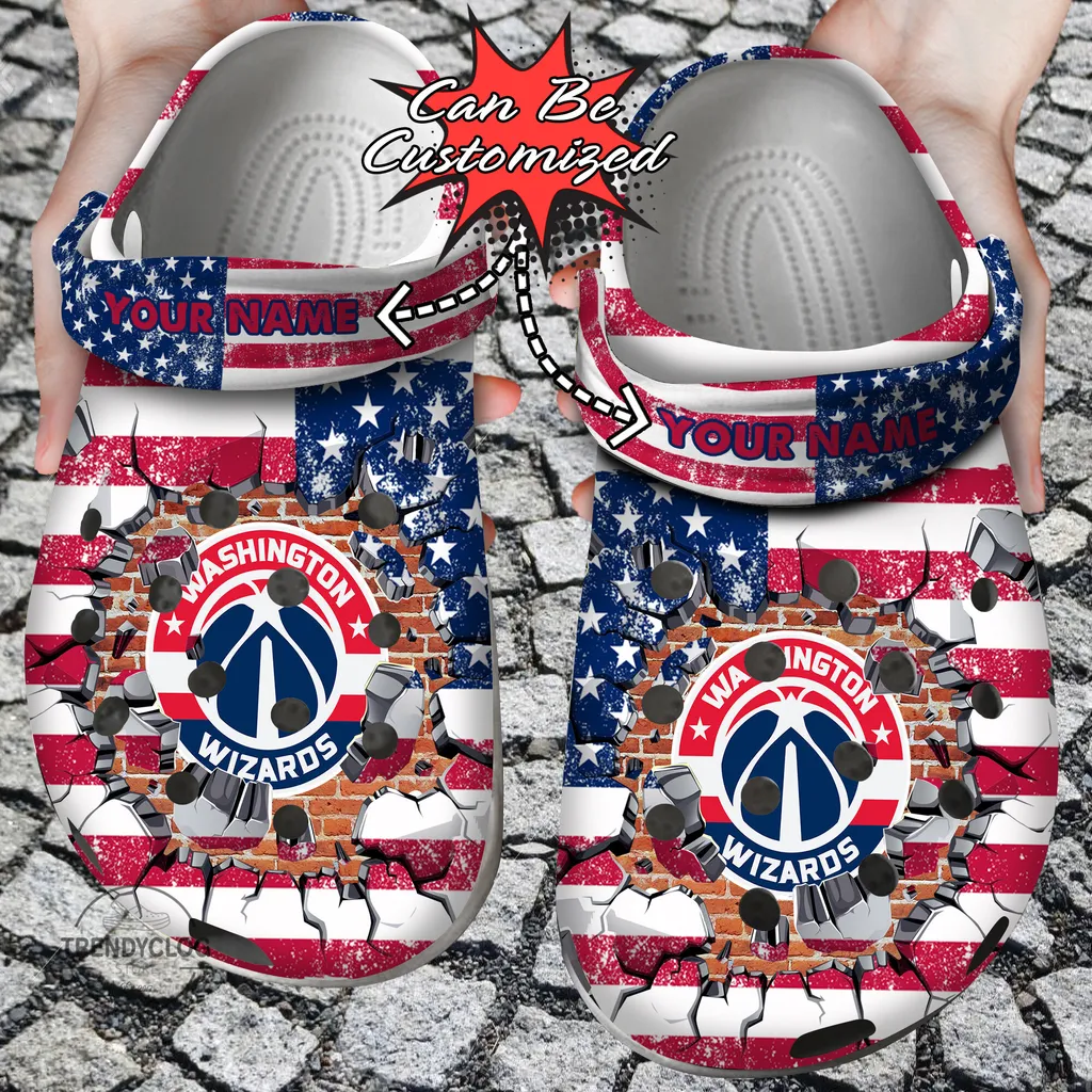 Basketball Crocs Personalized WWizards American Flag Breaking Wall Clog