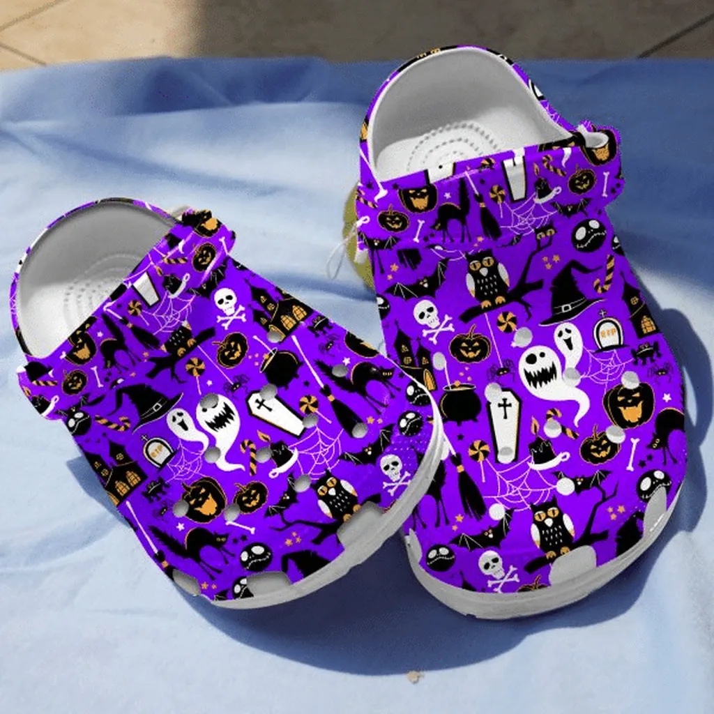 Bat Owls And Cauldron Purple Slippers Clogs Gift Halloween Lover Crocs Rubber Crocs Clog