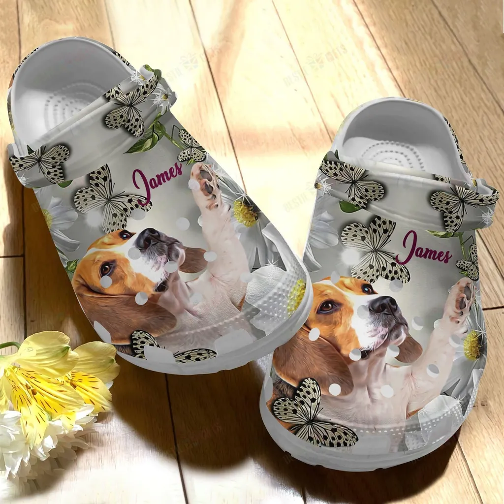 Beagle Personalized Crocs Classic Clog Whitesole Beagle And Daisy Flower