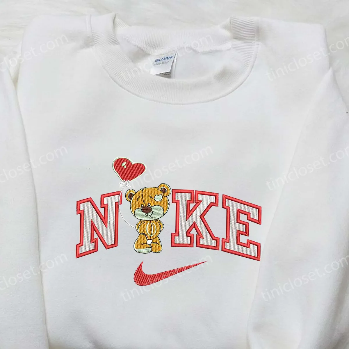 Bear Balloon Heart x Swoosh Nike Embroidered Shirt, Nike Embroidered Shirt, Cartoon Embroidered Shirt