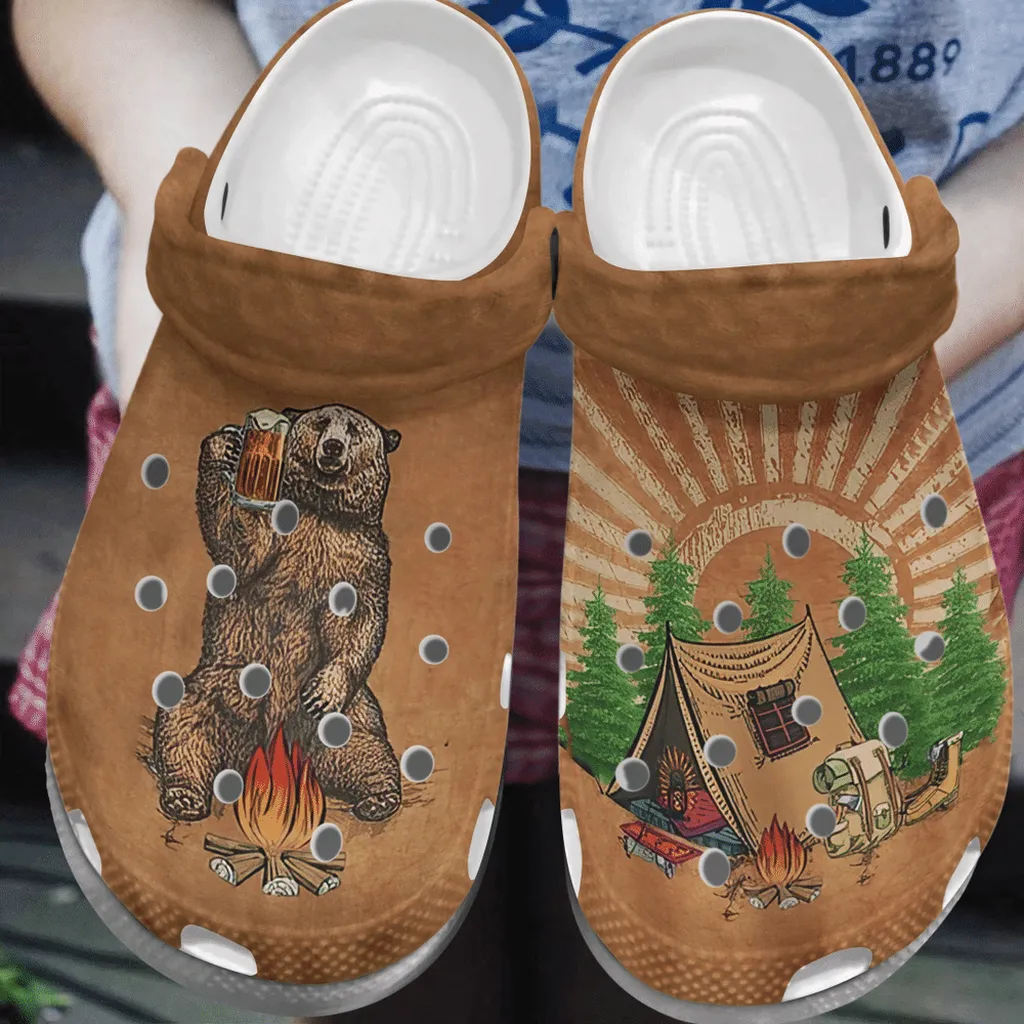 Bear Beer Camping Peace 4 Gift For Lover Rubber Crocs Clog