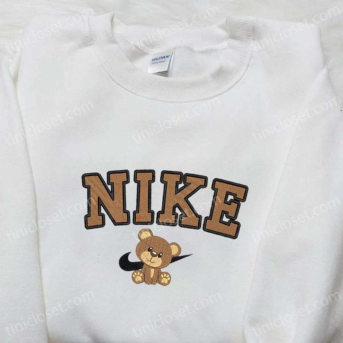 Bear x Nike Cartoon Embroidered Tshirt, Nike Inspired Embroidered Shirt, Best Birthday Gift Ideas