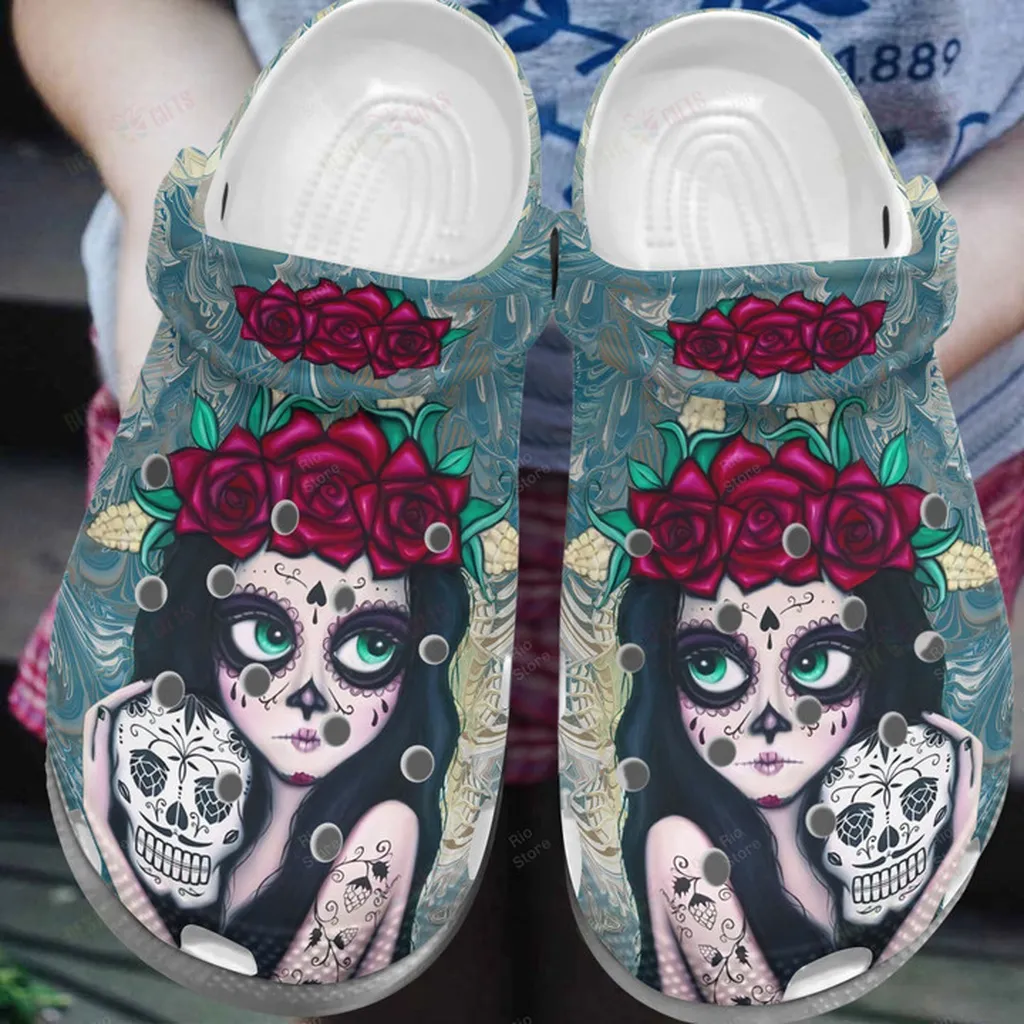 Beautiful Girl Flower Sugar Skull Mexican Crocs Classic Clogs