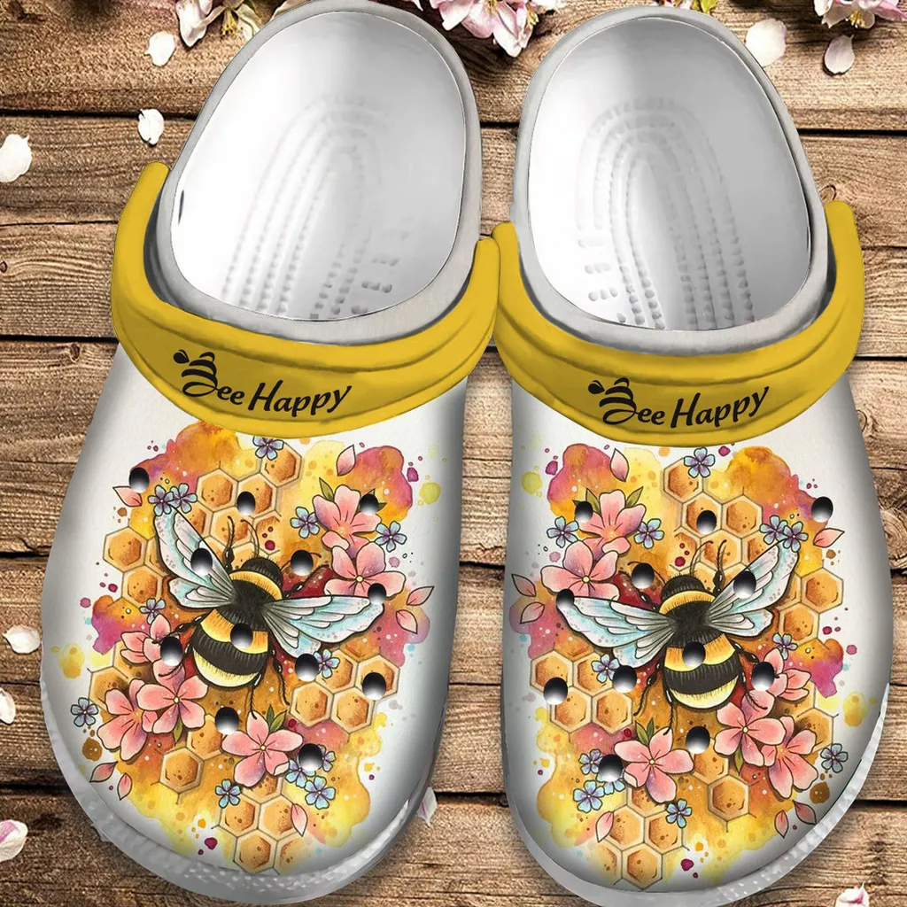 Bee Happy Flower Honey 4 Gift For Lover Rubber Crocs Clog