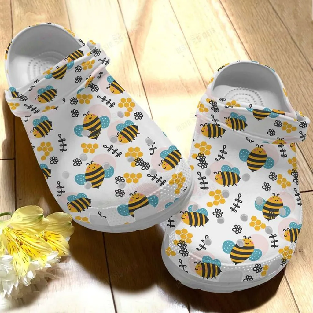 Bee White Sole Bee Pattern Crocs, Personalized Crocs Classic Clogs