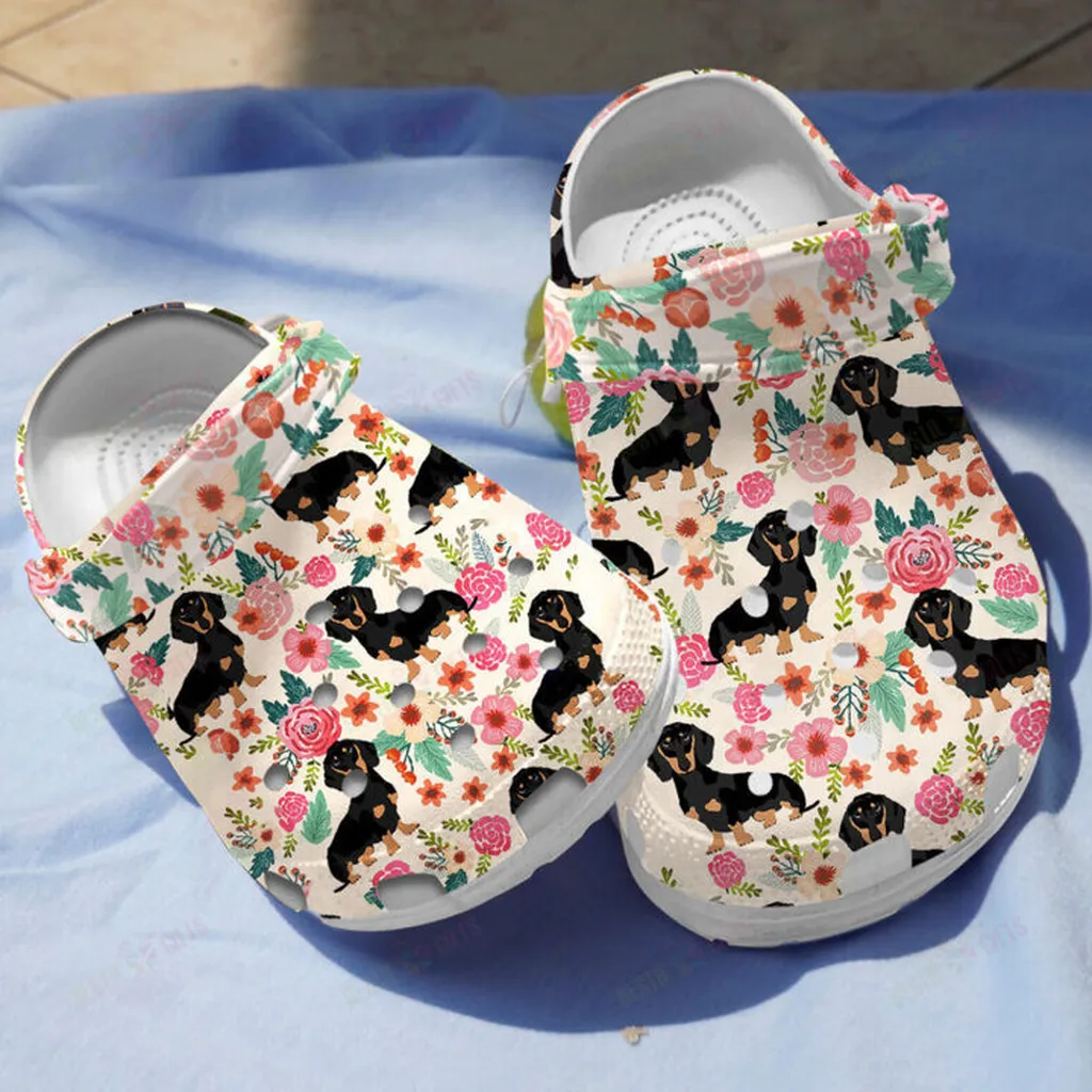 Black Dachshund Floral Crocs Classic Clogs