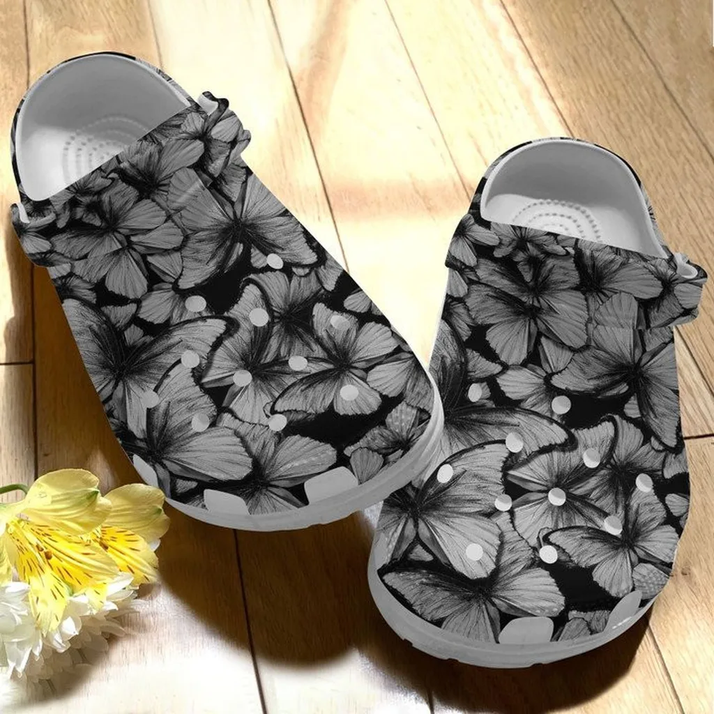 Black White Butterflies Crocs Classic Clogs