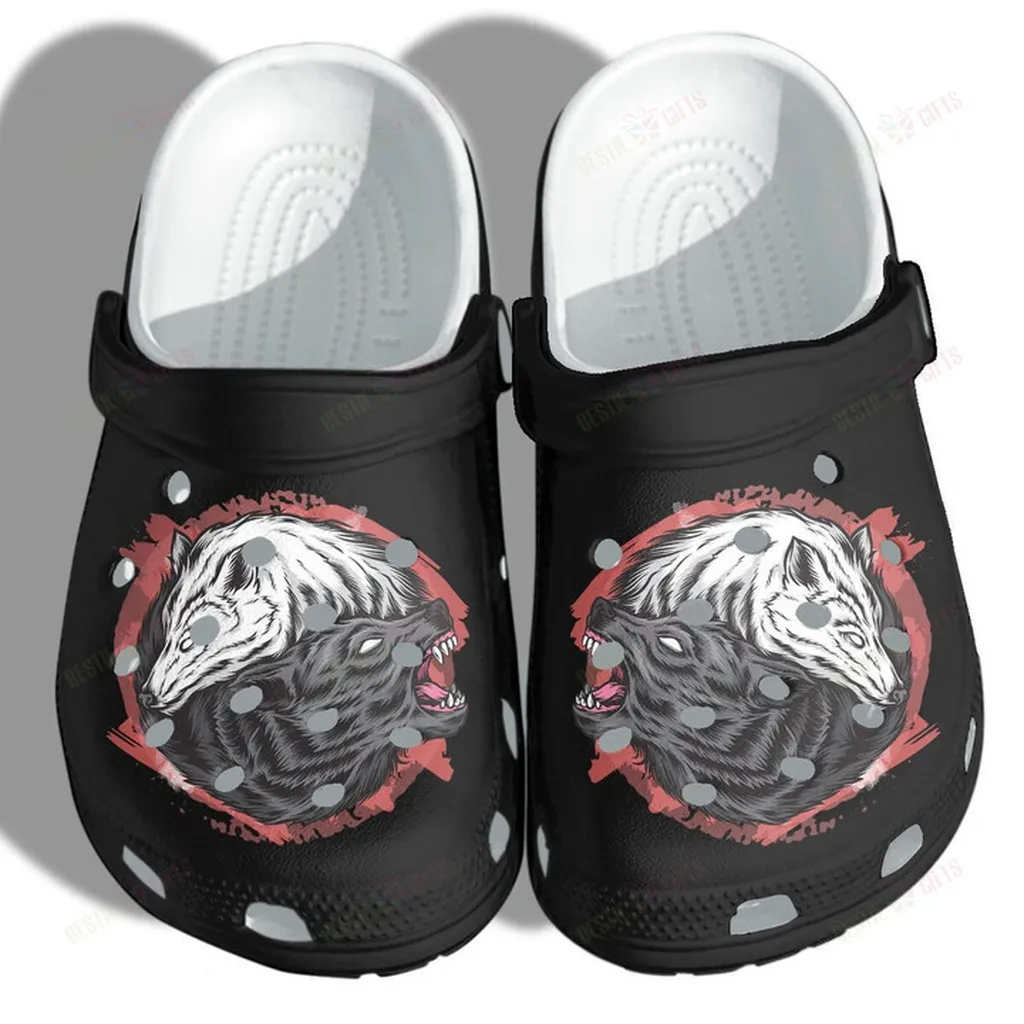 Black White Wolf Yin Yang Crocs, Personalized Crocs Classic Clogs