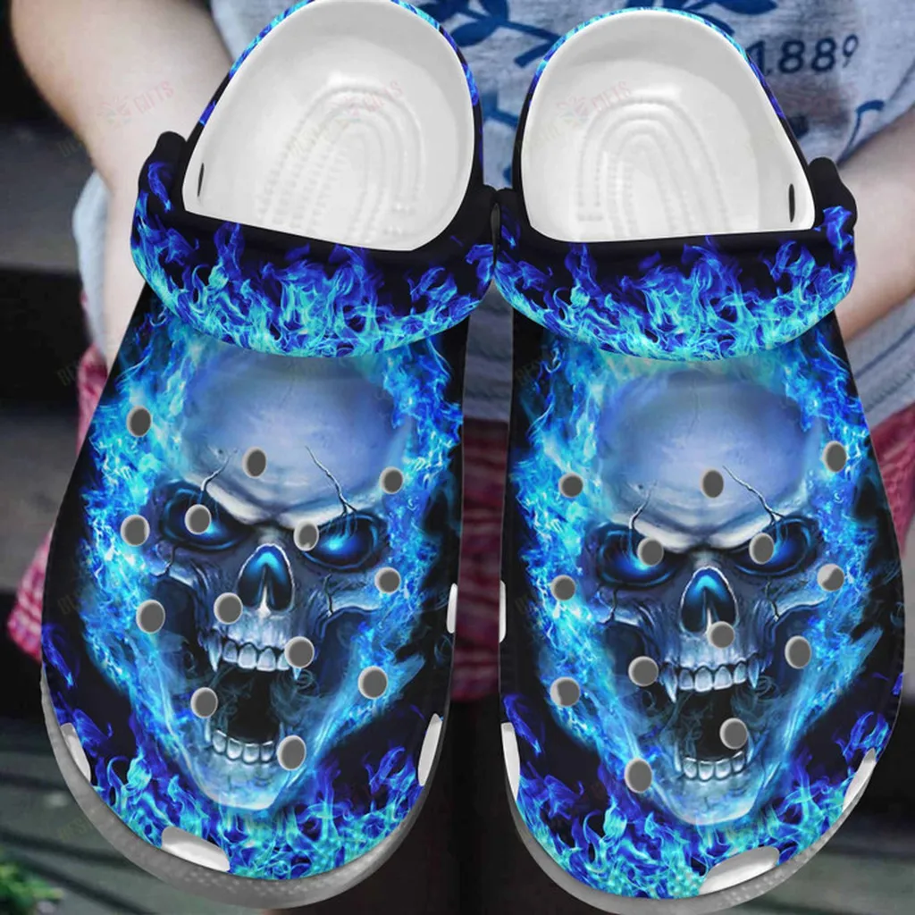 Blue Fire Skull Crocs Classic Clogs