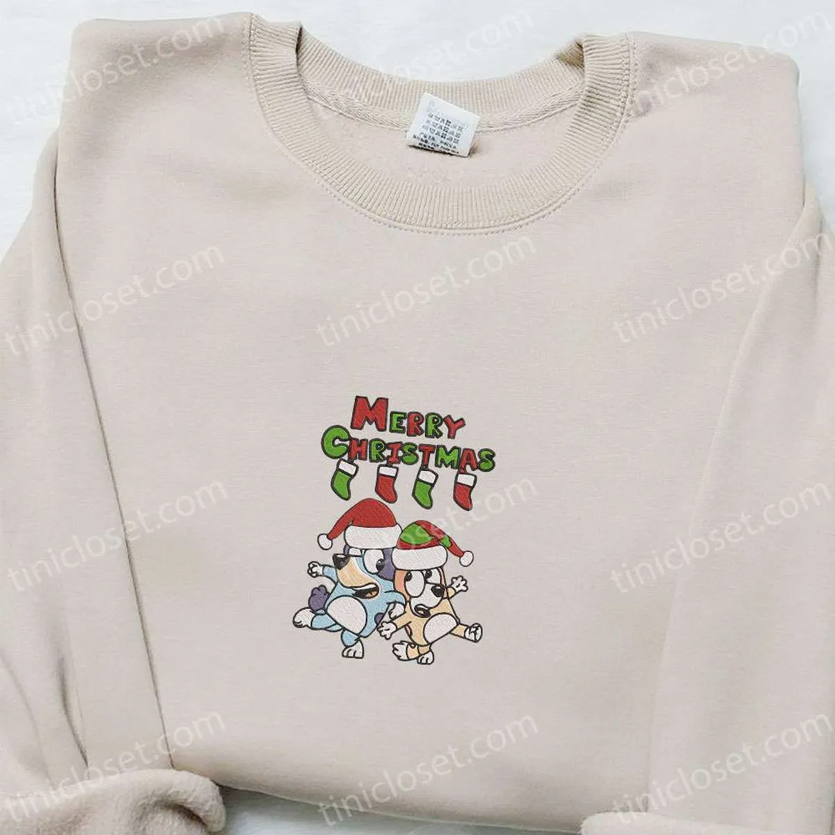 Bluey and Bingo Merry Christmas Embroidered Sweatshirt, Cartoon Christmas Embroidered Shirt, Best Gift Ideas for Family