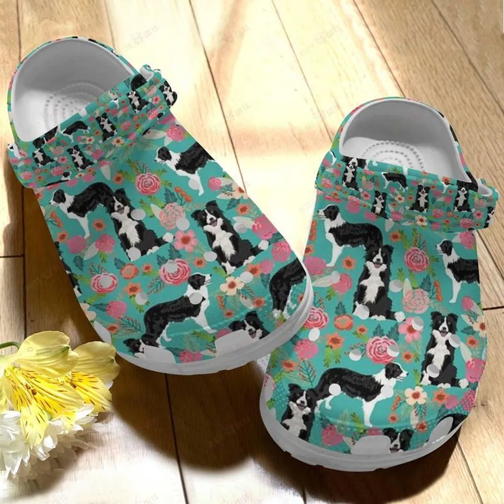 Border Collie White Sole Floral Pattern Crocs Classic Clogs