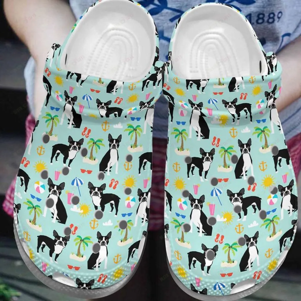 Boston Terrier Beach Time Crocs, Personalized Crocs Classic Clogs