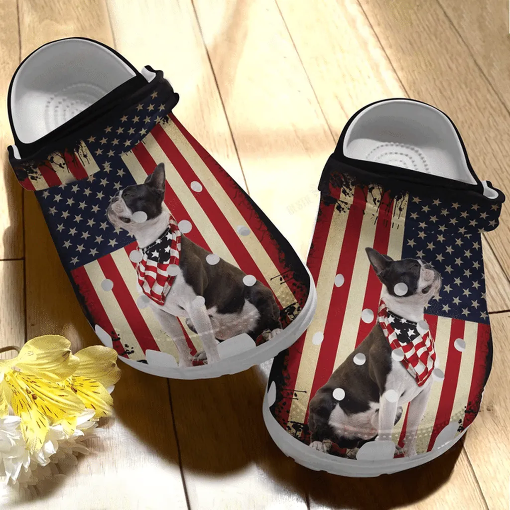 Boston Terrier in Independence Day Clogs Crocs