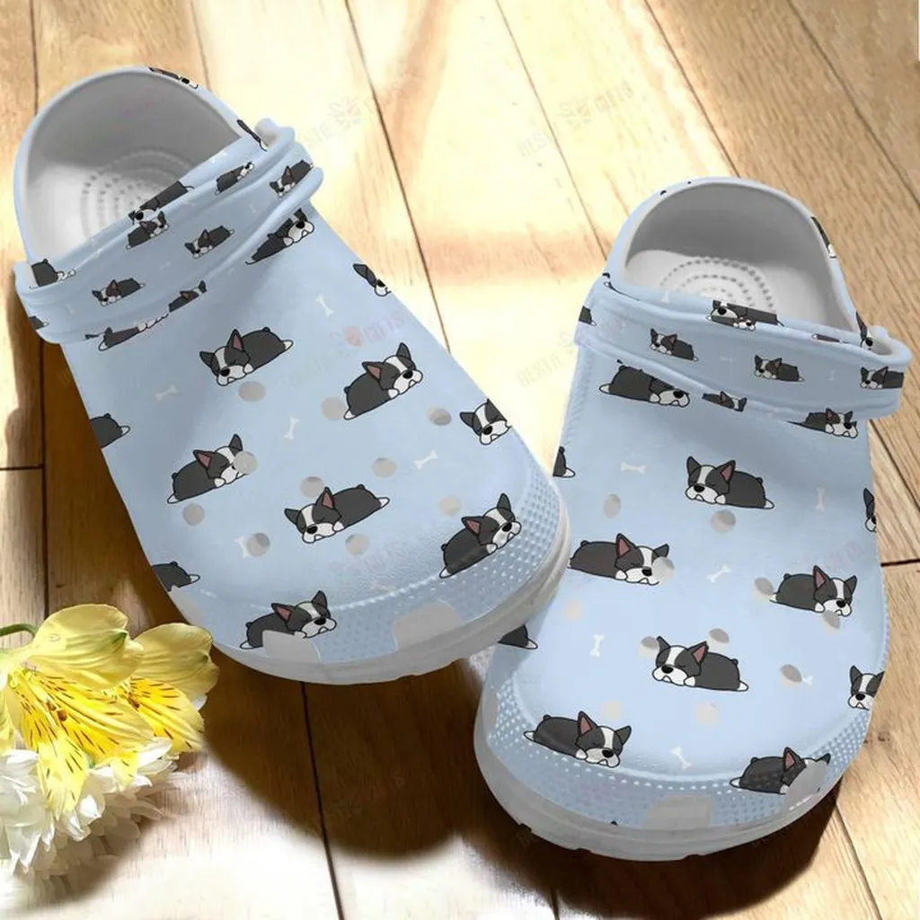 Boston Terrier White Sole Blue Pattern Crocs Classic Clogs