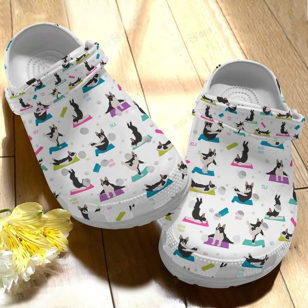 Boston Terrier White Sole White Pattern Crocs, Personalized Crocs Classic Clogs