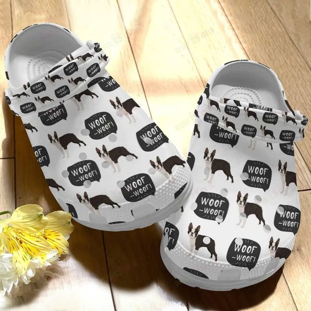 Boston Terrier White Sole Woof Crocs, Personalized Crocs Classic Clogs