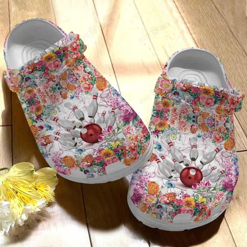 Bowling White Sole Floral Bowling Crocs, Personalized Crocs Classic Clogs