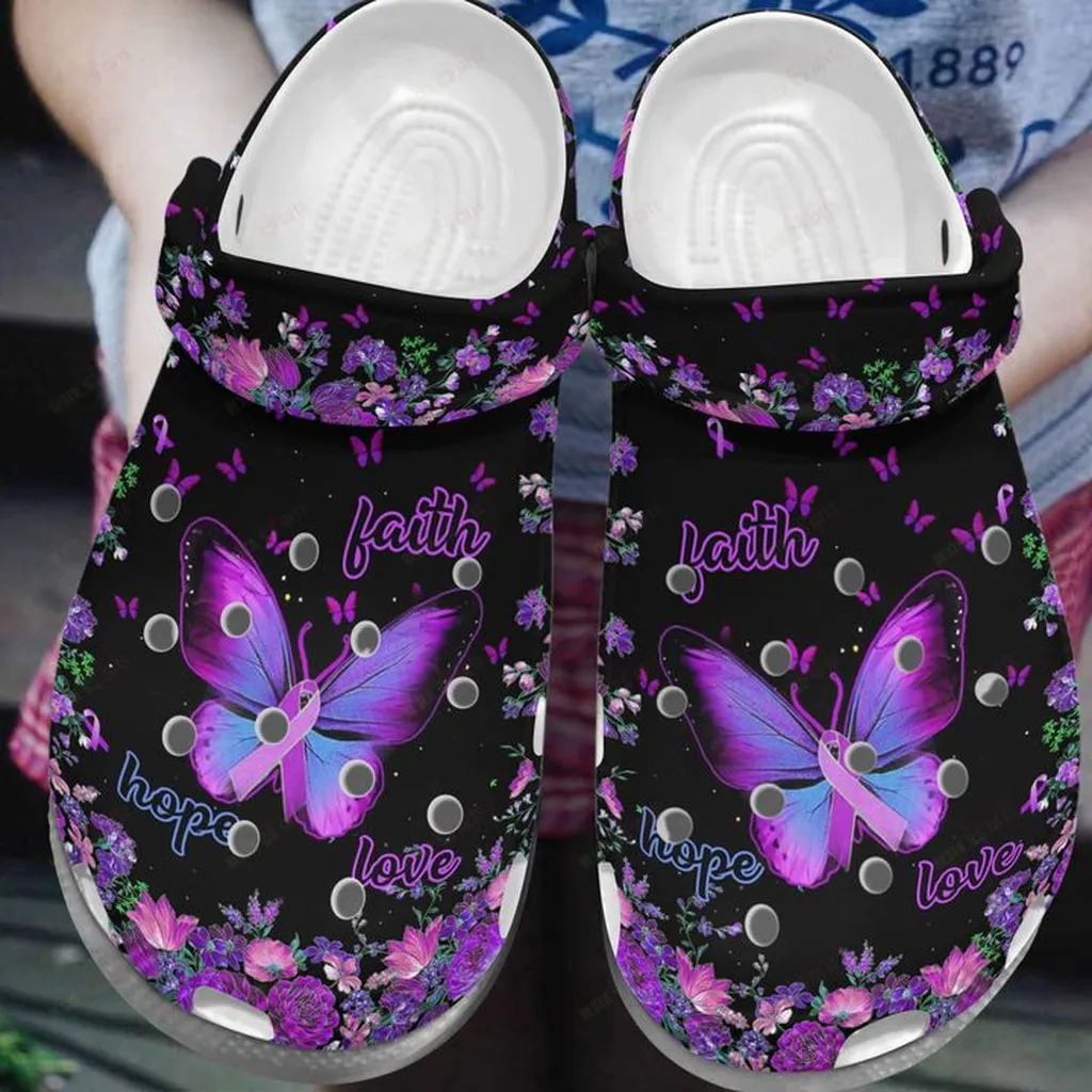 Breast Cancer Purple Butterfly Crocs, Personalized Crocs Classic Clogs