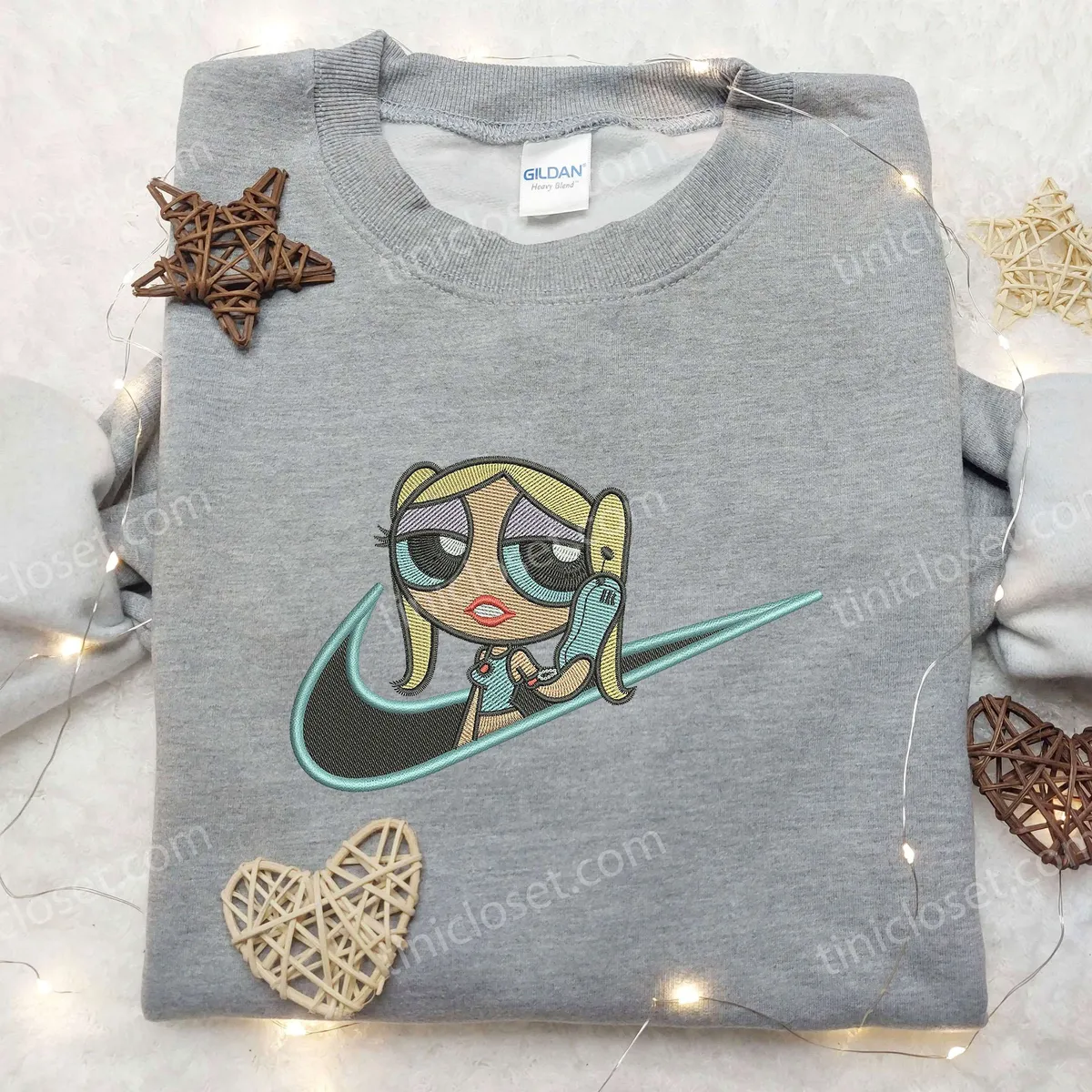 Bubbles x Nike Embroidered Shirt, Custom Nike Embroidered Shirt, The Powerpuff Girl Embroidered Shirt