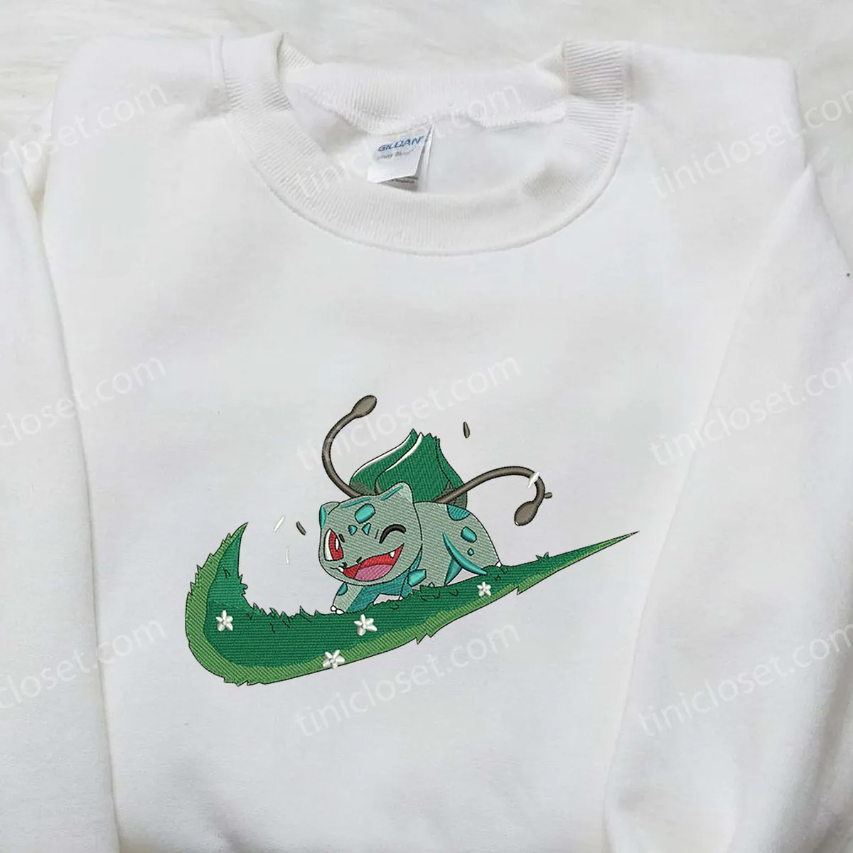 Bulbasaur x Nike Embroidered Shirt, Custom Nike Embroidered Shirt, Pokemon Embroidered Shirt