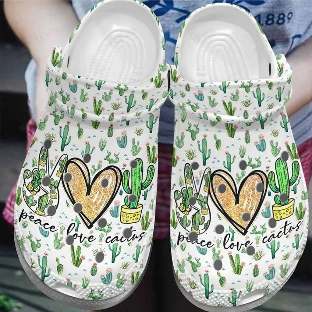 Cactus White Sole Peace Love Cactus Crocs, Personalized Crocs Classic Clogs