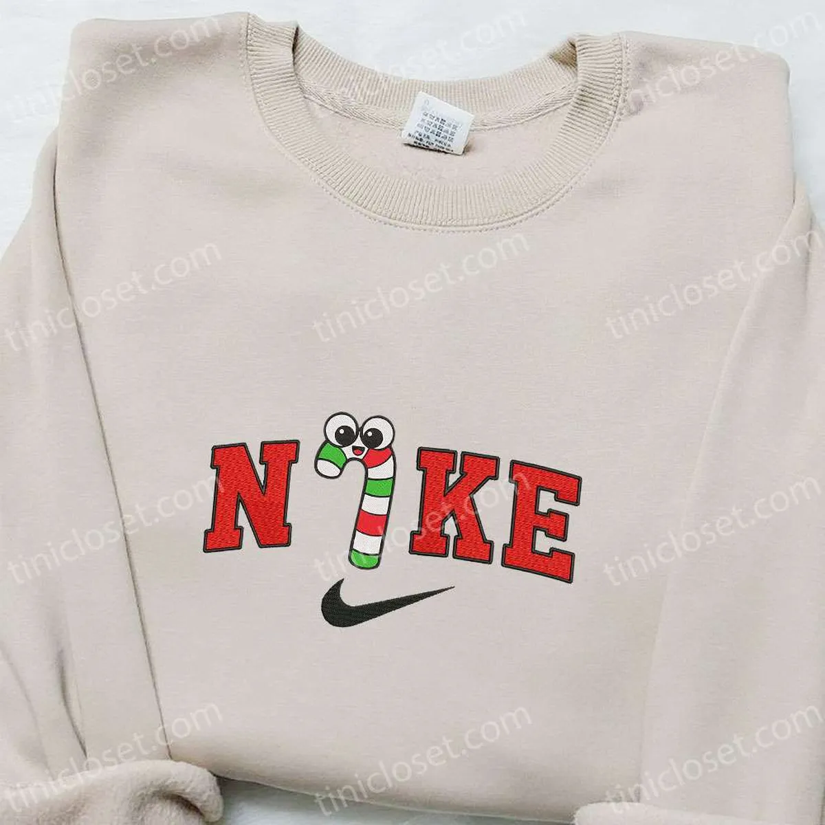 Candy Cane x Nike Christmas Embroidered Sweatshirt, Cartoon Christmas Embroidered Shirt, Best Christmas Gift Ideas