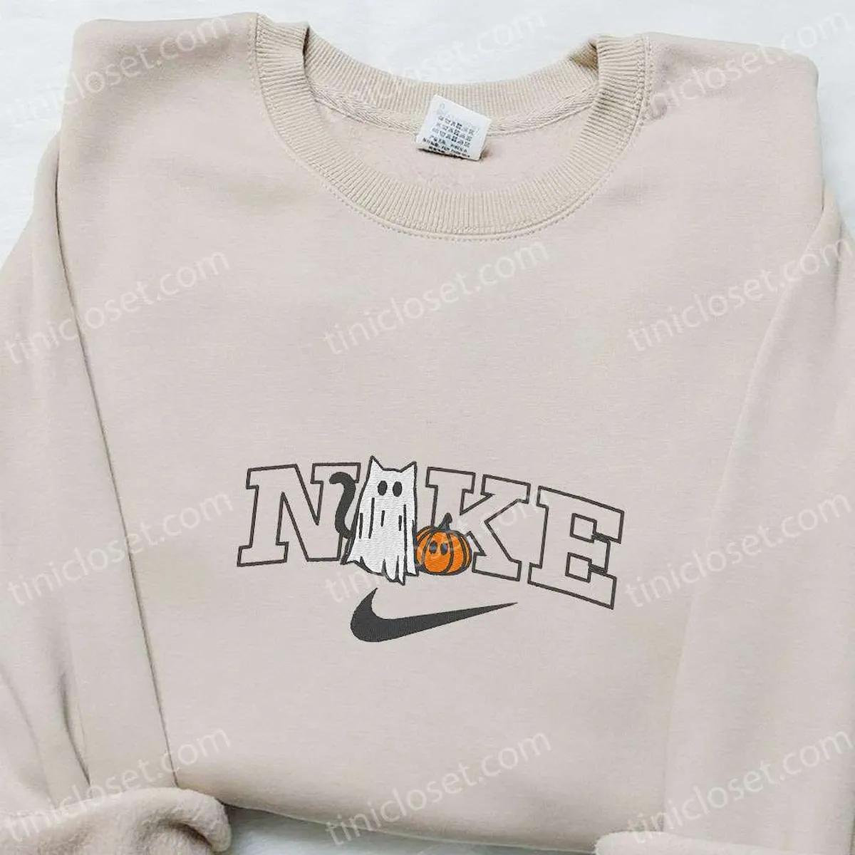 Cat Ghost With Pumpkin x Nike Embroidered Shirt, Halloween Embroidered Hoodie, Nike Inspired Embroidered Sweatshirt