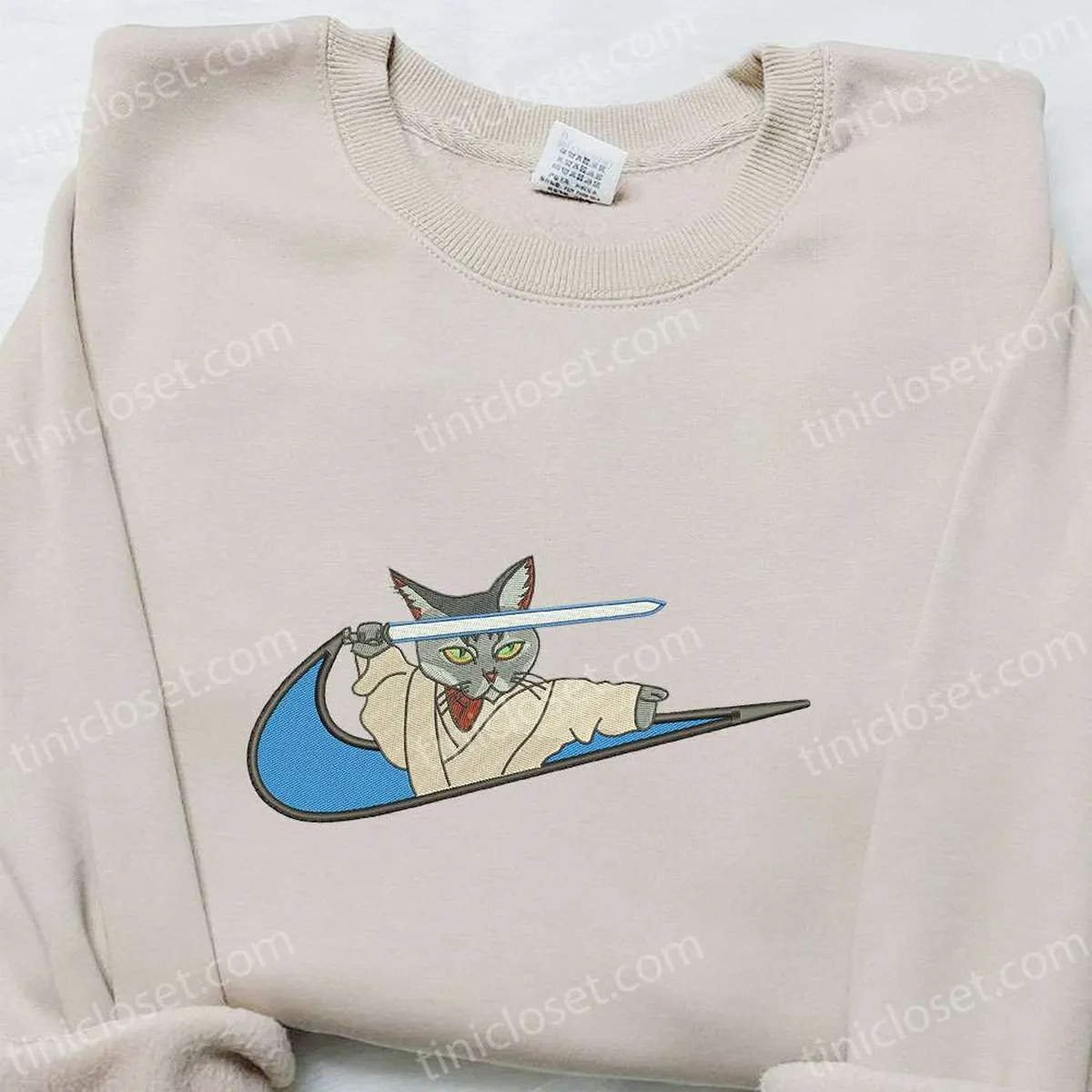 Cat With Sword x Swoosh Embroidered Hoodie, Cartoon Embroidered Shirt, Nike Inspired Embroidered Shirt