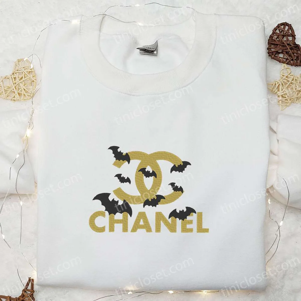 Chanel Logo With Bats Embroidered Shirt, Halloween Embroidered Hoodie, Best Gifts For Family