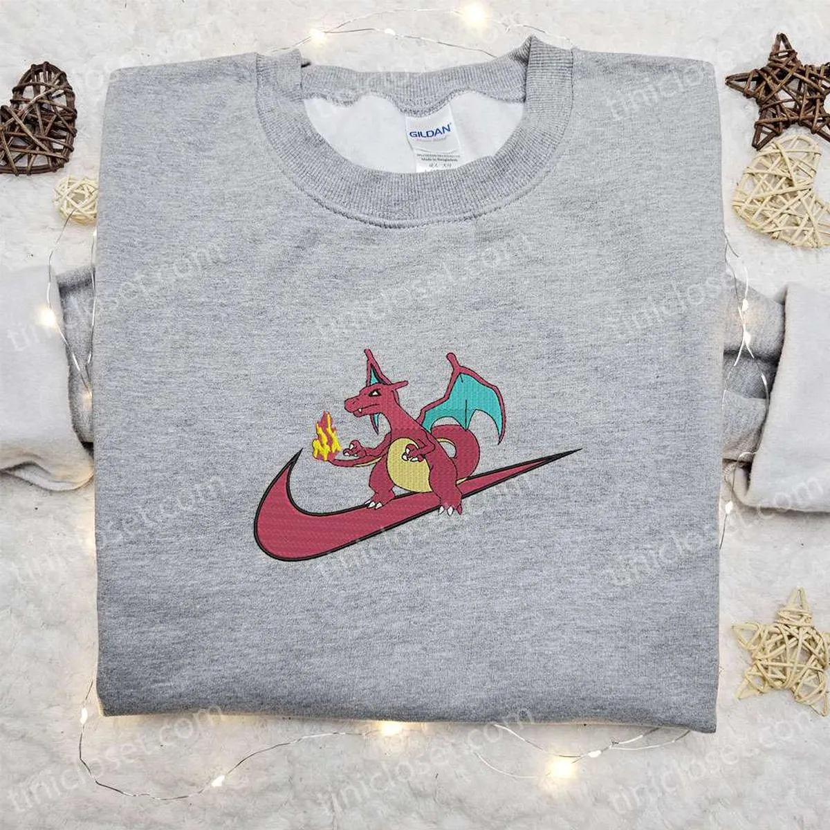 Charizard x Nike Swoosh Anime Embroidered Sweatshirt, Pokemon Embroidered Shirt, Nike Inspired Embroidered Shirt