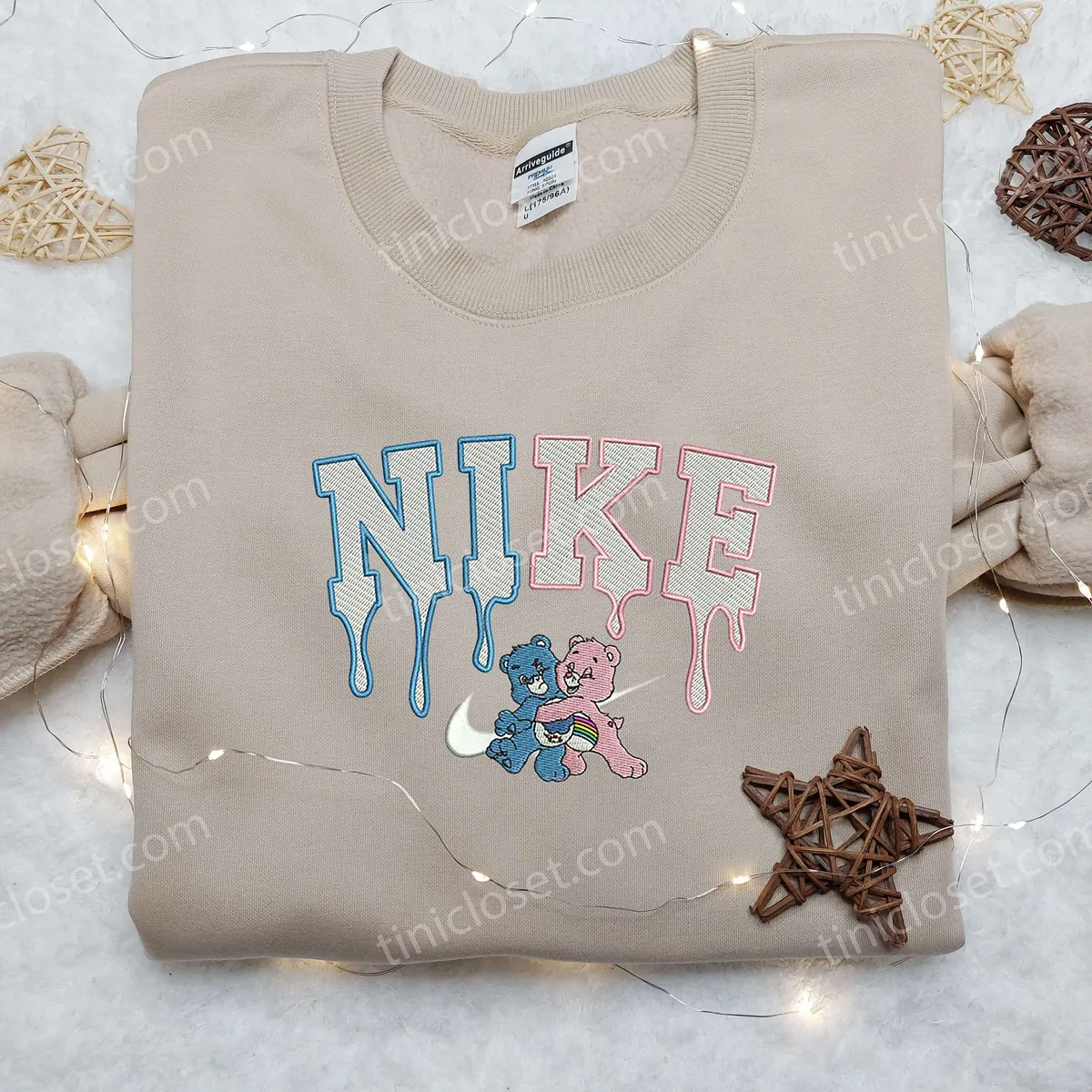 Cheer and Grumpy Bear x Nike Embroidered Shirt, Custom Nike Embroidered Shirt, Cartoon Care Bear Embroidered Shirt