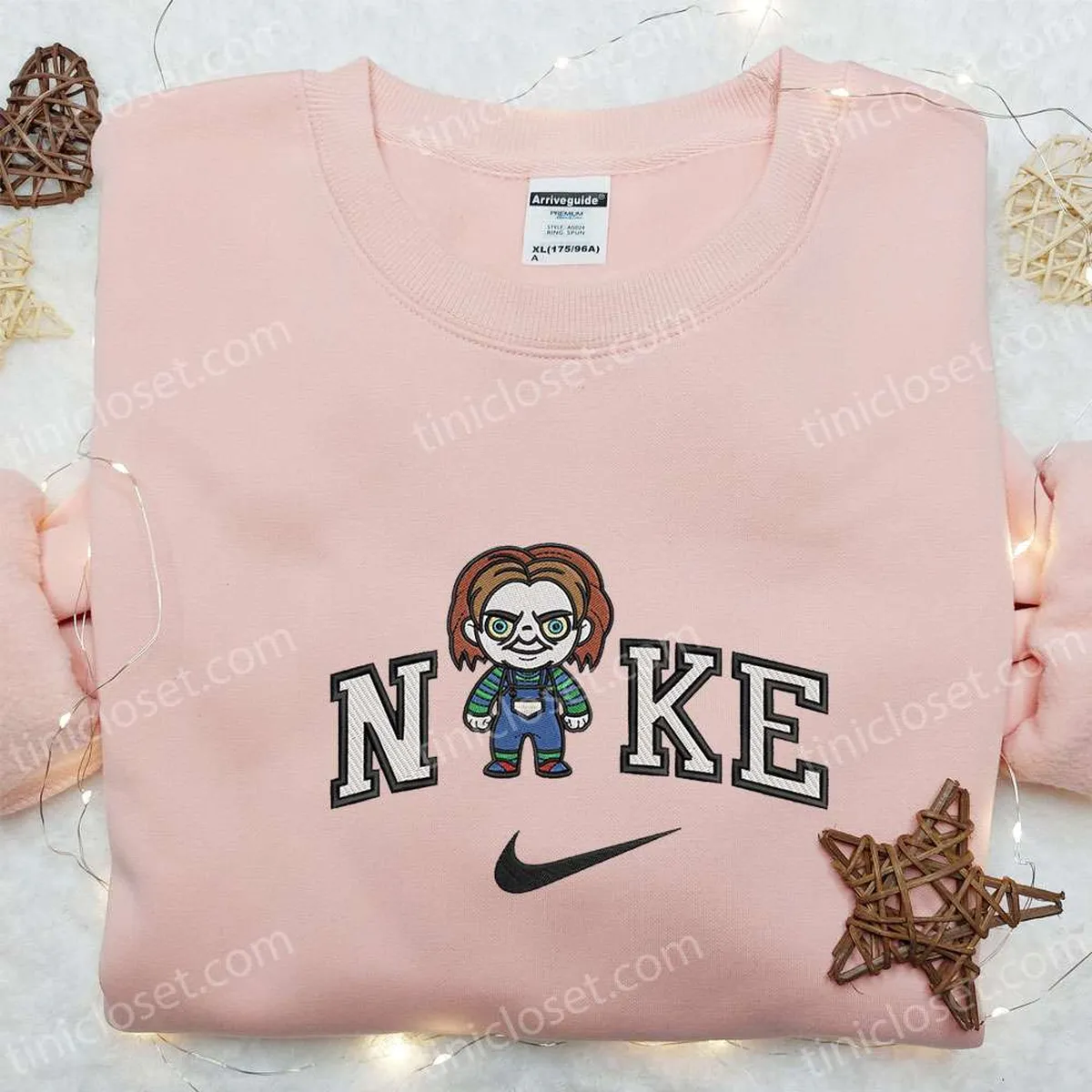 Chibi Chucky x Nike Embroidered Sweatshirt, Horror Movie Embroidered Hoodie, Halloween Embroidered Shirt