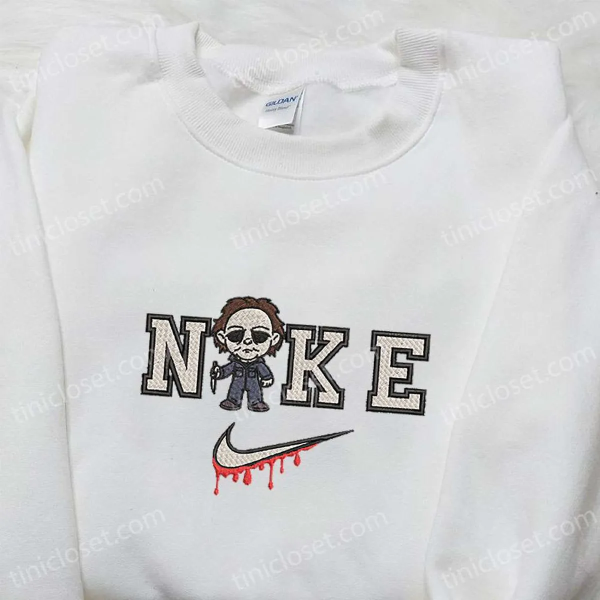 Chibi Michael Myers x Nike Embroidered Tshirt, Nike Inspired Embroidered Shirt, Best Halloween Gift Ideas