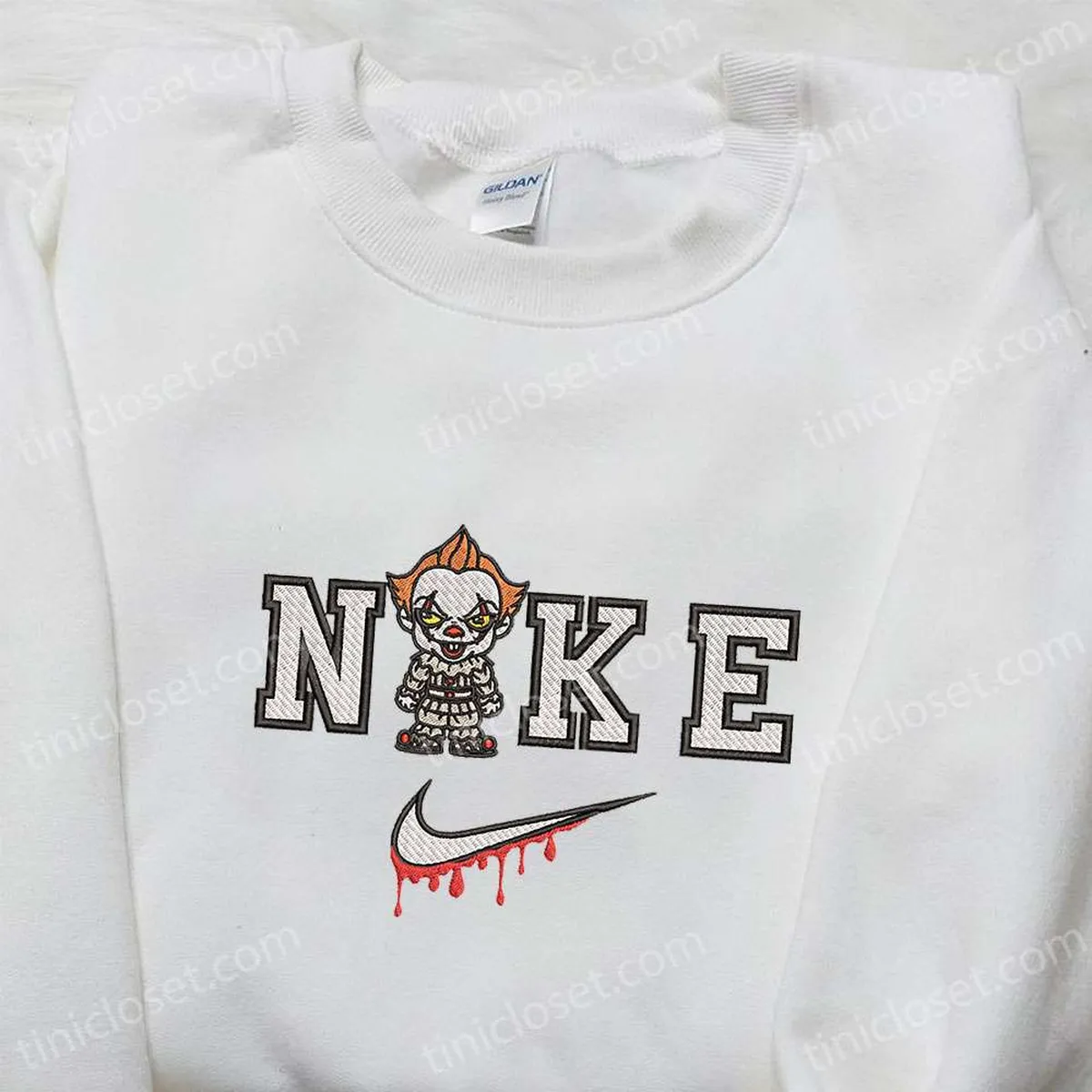 Chibi Pennywise x Nike Embroidered Hoodie, Nike Inspired Embroidered Shirt, Best Halloween Gift Ideas