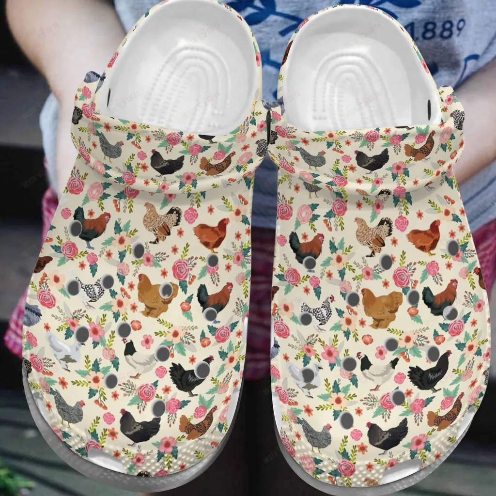 Chicken Crocs Classic Clog Whitesole Chicken In Flower Garden