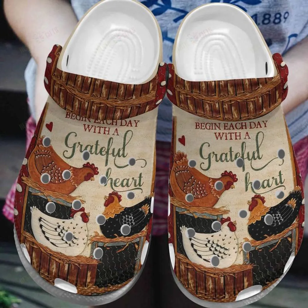 Chicken White Sole Begin Each Day With A Grateful Heart Crocs Classic Clogs