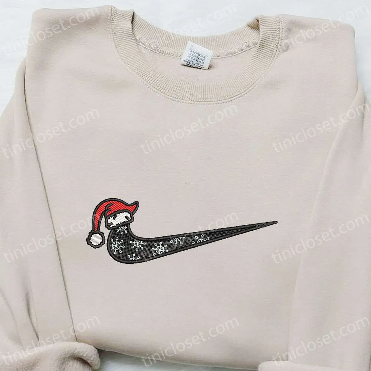 Christmas Hat x Swoosh Embroidered Shirt, Christmas Embroidered Hoodie, Custom Nike Embroidered T-shirt