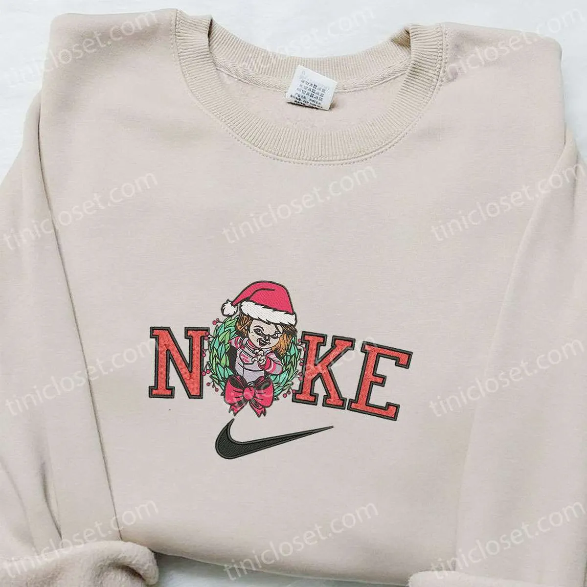 Chucky Laurel Wreath x Nike Christmas Embroidered Sweatshirt, Cartoon Christmas Embroidered Shirt, Best Christmas Gift Ideas