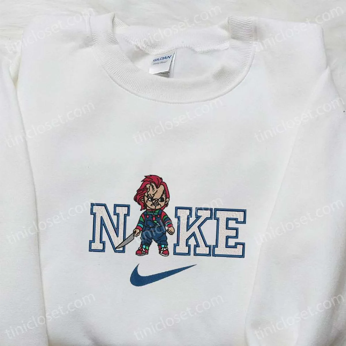 Chucky With Knife x Nike Embroidered Sweatshirt, Horror Movie Embroidered Hoodie, Halloween Embroidered Shirt