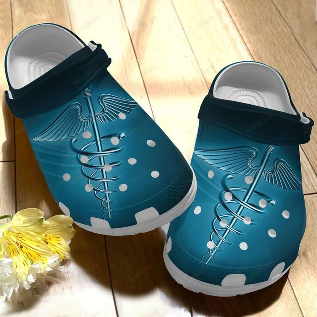 CNA White Sole Blue Caduceus Crocs, Personalized Crocs Classic Clogs