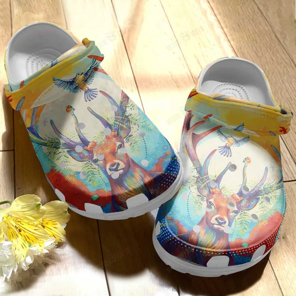 Colorful Deer Bird Art Crocs Classic Clogs