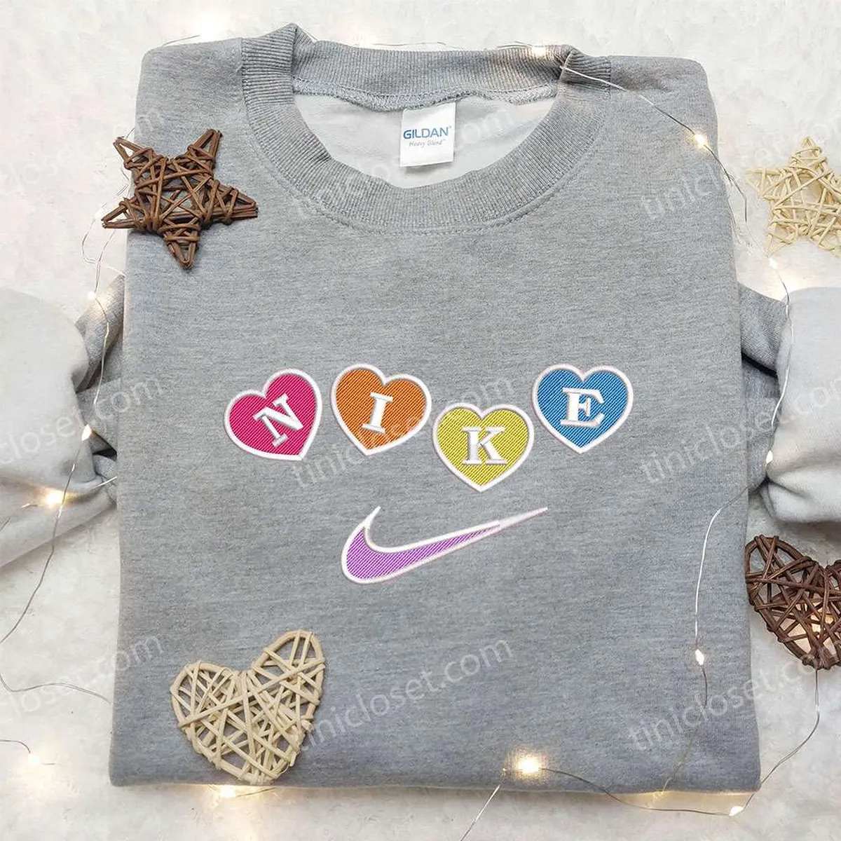 Colorful Love Heart x Nike Embroidered Shirt, Custom Nike Embroidered Shirt, Best Valentine? Day Gift