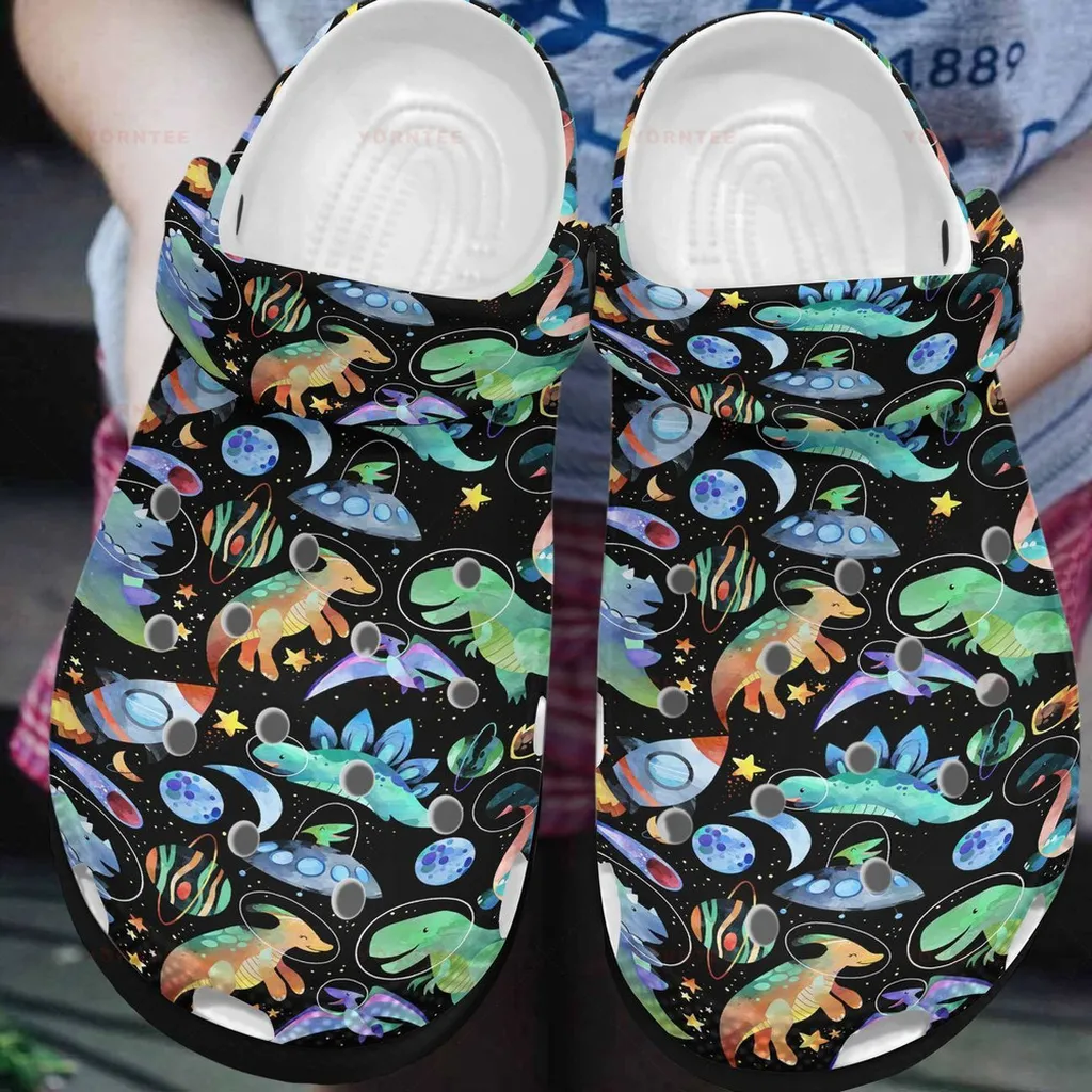 Colorful Space Dinosaur Ocean Gift For Lover Rubber Crocs Clog